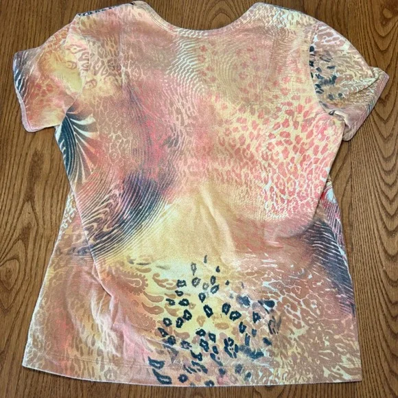 Chico's Women Orange Floral Animal Print Short Sleeve Scoop Neck Tee - Picture 3 of 4